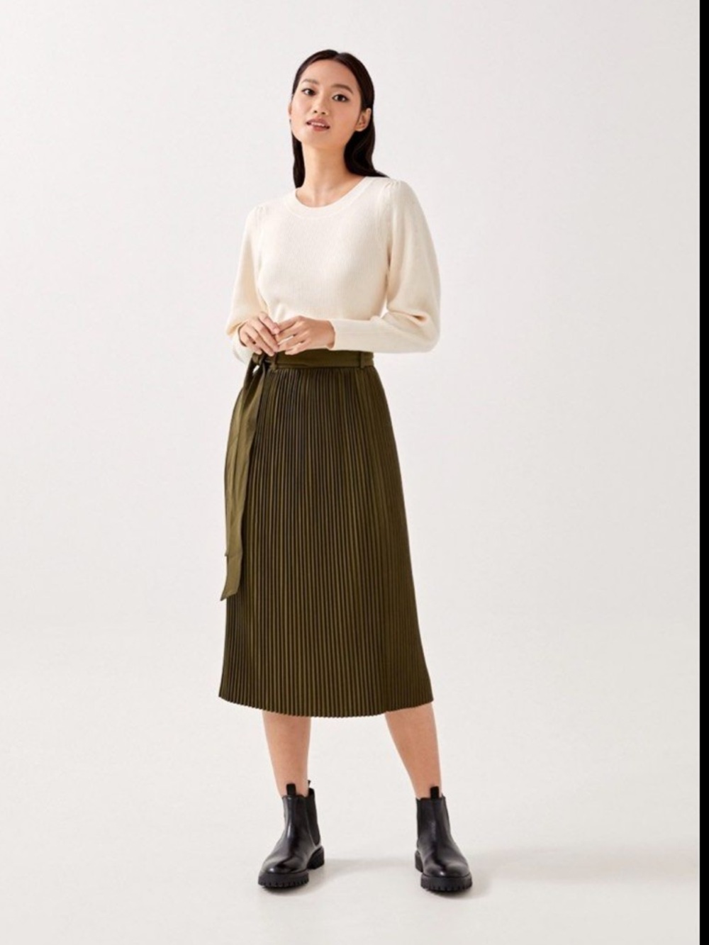 Love, Bonito Pleated Midi Skirt with Tie Waist - Olive Green